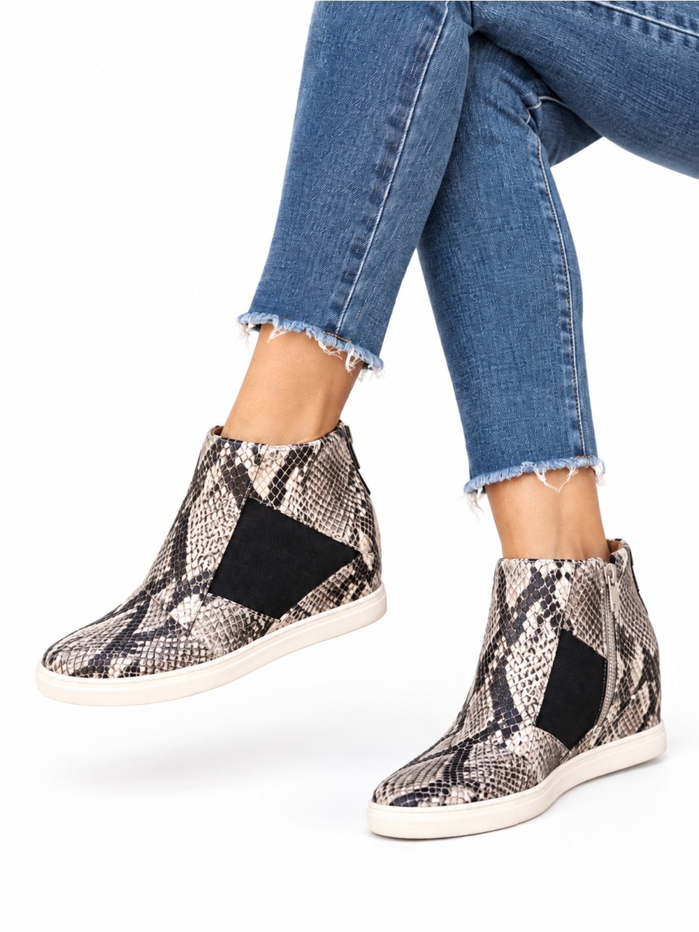 Linea Paolo Amber Python Snake Print Leather Wedge Sneaker Booties Black Gray 6
